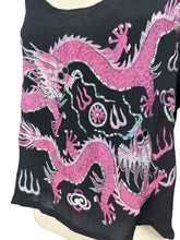 Load image into Gallery viewer, Original 1920's Black Pure Silk Top with Vibrant Silk Embroidery of Chinese Dragons in Pink and Blue - Bust 36 *