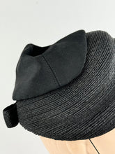 Load image into Gallery viewer, Original 1950's Inky Black Bonnet Hat in Straw and Grosgrain with Neat Bow Trim