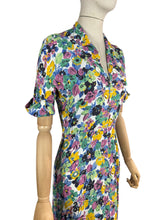 Load image into Gallery viewer, Original 1940's Bold Floral Crepe Day Dress in Pink, Green, Black and Yellow with Mother of Pearl Buttons - Bust 34