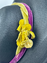 Load image into Gallery viewer, Utterly Exceptional American Made 1940s Black Straw Hat with Velvet Bow Trim in Purple, Ochre and Cerise