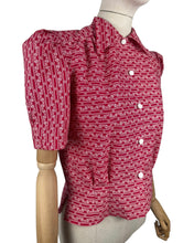 Load image into Gallery viewer, 1940's Reproduction Blouse in Red and White Hearts, Flowers and Stripe Novelty Print - Bust Pink, Blue, Yellow and White Feed Sack - Bust 35 36 37