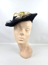 Load image into Gallery viewer, Original Late 1930's or Early 1940's Midnight Blue New York Creations Hat with Velvet Flowers and Net Trim