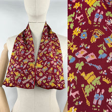 Load image into Gallery viewer, Original 1953 Queen Elizabeth II Coronation Commemorative Cravat - Fabulous Novelty Print on Burgundy Crepe