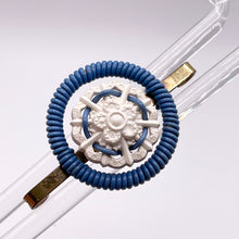 Load image into Gallery viewer, Original 1940's Blue and White Wartime Make Do and Mend Wirework Brooch with Flower Button Middle