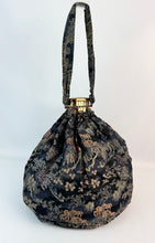 Load image into Gallery viewer, Stunning Antique Chinese Print Silk Brocade Bag with Dragon Boats, Bridges and Trees with Expandable Gate Frame - Gorgeous Piece *