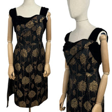 Load image into Gallery viewer, Original 1950's Elizabeth Henry of London Black and Metallic Gold Wiggle Cocktail Dress with Back Drapes - Bust 36
