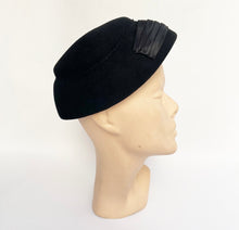 Load image into Gallery viewer, Original 1950's Inky Black Felt Hat with Pleated Satin Trim - Classic Mid Century Piece