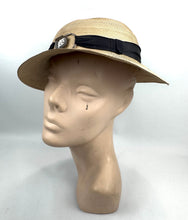 Load image into Gallery viewer, Original 1930's French Made Silk Lined Natural Straw Hat with Black Grosgrain and Metal Trim