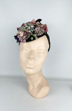 Load image into Gallery viewer, Original 1940’s Black Topper Hat with Pastel Flowers in Pink, Purple and Blue and Huge Bow Trim *