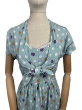 Load image into Gallery viewer, Original Late 1940's or Early 1950's Floral Border Print Dress and Bolero in Blue, Purple, Mustard, Black and White - Bust 32 33