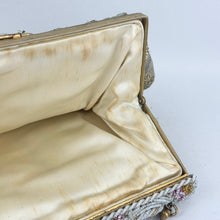 Load image into Gallery viewer, Original 1950's Gold Chiffon Bag with Beautiful Pink and White Beaded Frame and Clasp