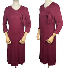 Load image into Gallery viewer, REPRODUCTION 1930's Burgundy Day Dress with Three Quarter Length Sleeves and Bow Detail on the Bodice - Bust 36
