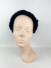 Load image into Gallery viewer, Original 1950's Black Velvet Close Fitting Hat with Bow and Petal Trim *