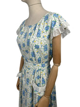 Load image into Gallery viewer, Original 1940's White and Blue Floral Cotton Button Back Belted Day Dress with Ruffle Trim - Bust 38