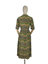 Load image into Gallery viewer, Original 1930's 1940's Green Crepe Day Dress with Floral Chevron Print in Red, Blue and Mustard