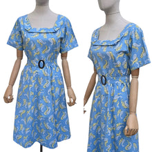 Load image into Gallery viewer, Original Late 1940's or Early 1950's Blue Cotton Belted Day Dress with Yellow and White Paisley Print - Bust 40