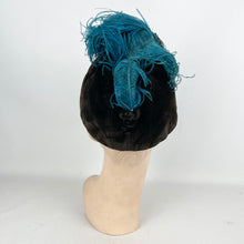 Load image into Gallery viewer, Fabulous Original 1930's Dark Brown Velvet Hat with Ostrich Feather Plume Trim in Blue and Black *