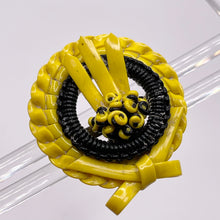 Load image into Gallery viewer, Original 1940's Black and Yellow Wartime Make Do and Mend Wire Brooch with Bow and Flower Spray Middle *