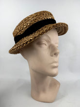 Load image into Gallery viewer, Wounded but Wearable Original 1940's 1950's Natural Straw Sunhat with Soft Black Velvet Ribbon Trim