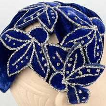 Load image into Gallery viewer, Exceptionally Beautiful Original 1950's Cobalt Blue Velvet Cocktail Hat with Silver Glitter Edged Flowers *