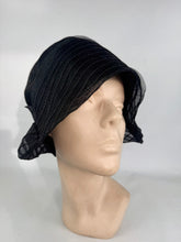 Load image into Gallery viewer, Original 1920's Seamed Black Mesh Cloche with Silk Lining