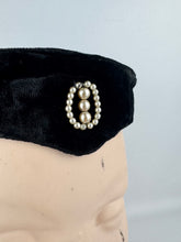 Load image into Gallery viewer, Original 1950's Inky Black Cotton Velvet Cocktail Hat with Faux Pearl Trim - Great Evening Hat