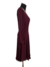 Load image into Gallery viewer, Original 1930's Petite Length Burgundy Crepe Long Sleeved Belted Day Dress with Lace Detail - Bust 34