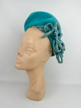 Load image into Gallery viewer, Original 1950's Bright Turquoise Blue Felt High Hat with Velvet Trim *