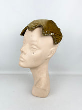 Load image into Gallery viewer, Original 1950's Padded Clam Shell Hat in Old Gold Velvet and with Sequin Trim *