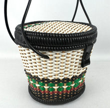 Load image into Gallery viewer, Original 1950's Small Wicker Handbag in White, Black, Green and Red