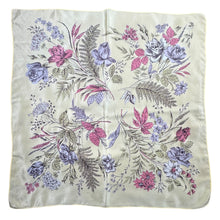 Load image into Gallery viewer, Original 1950's Pale Yellow Silk Crepe Scarf with Roses and Flowers Print in Pink and Green - Great Headscarf
