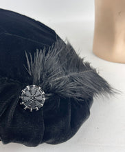 Load image into Gallery viewer, Original 1930's Soft Black Cotton Velvet Hat with Black Feather Trim*