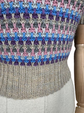 Load image into Gallery viewer, Reproduction 1940's Waffle Stripe Jumper with Bow Neck in Beige, Purple, Blue, Pink and Grey - Knitted from a Wartime Pattern - Bust 34 36