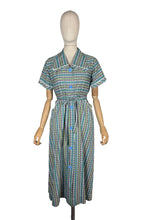 Load image into Gallery viewer, Original 1950's Australian Made Bright Floral Stripe Cotton Belted Day Dress in Green, Blue, Pink, Black and White - Bust 38 40 *