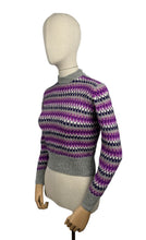 Load image into Gallery viewer, Reproduction 1930's Hand Knitted Long Sleeved Stripe Jumper in Silver Grey, Purple, White and Pink Pure Wool - Bust 34 36 *