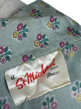 Load image into Gallery viewer, Original 1950's St Michael Sage Green Artificial Silk Belted Day Dress with Pretty Floral Print in Pink, Yellow and White - Bust 34 36 *