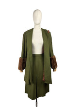 Load image into Gallery viewer, Original 1940's Olive Green Herringbone Wool Long Line Belted Jacket and Skirt Suit with Faux Fur Trim - Short Coat - Bust 36 38