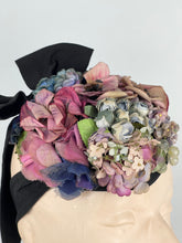 Load image into Gallery viewer, Original 1940’s Black Topper Hat with Pastel Flowers in Pink, Purple and Blue and Huge Bow Trim *
