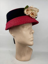 Load image into Gallery viewer, Original 1950's Cherry Red Straw hat with Wide Black Velvet Trim and Cream and White Floral Trim
