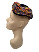 Load image into Gallery viewer, Original 1950's Midnight Blue Vevlet Hat with Bright Jersey Trim in Pink, Yellow, White and Purple