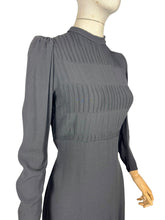 Load image into Gallery viewer, Original 1930's Black Satin Back Crepe Long Sleeved Day Dress with Pin-tuck Detail - Bust 32