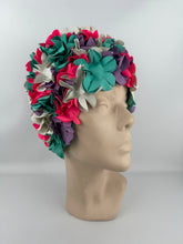 Load image into Gallery viewer, Original 1950's 1960's Kleinert Brand Bright Floral Swimming Cap in Blue, Purple, Pink and White