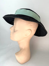 Load image into Gallery viewer, Original Late 1940's Black Straw Hat with Seafoam Green Grosgrain Trim *