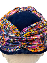 Load image into Gallery viewer, Original 1950's Midnight Blue Vevlet Hat with Bright Jersey Trim in Pink, Yellow, White and Purple