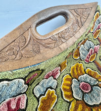 Load image into Gallery viewer, Original 1920’s Crewel Work Bag with Flowers in Green, Rust, Pink and Blue with Carved Wooden Handles
