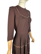 Load image into Gallery viewer, Original 1940’s Chocolate Brown Crepe Dress with Accent Trim - Bust 36