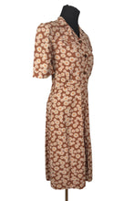 Load image into Gallery viewer, Original 1930's Brown Cotton Day Dress with Pretty Floral Print in Cream and Pink - Bust 32 *