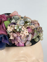 Load image into Gallery viewer, Original 1940’s Black Topper Hat with Pastel Flowers in Pink, Purple and Blue and Huge Bow Trim *
