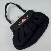 Load image into Gallery viewer, Original 1940's or 1950's Black Crepe Evening Bag with Rose Embroidery
