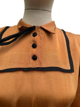 Load image into Gallery viewer, Original 1950's Caramel Coloured Grosgrain Belted Dress with Black Accent Trim - Bust 34 35